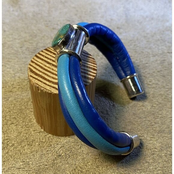 Two-Tone Blue Leather Wrap Bracelet Silverplated Fittings & Turquoise Cabochon S - Picture 2 of 10